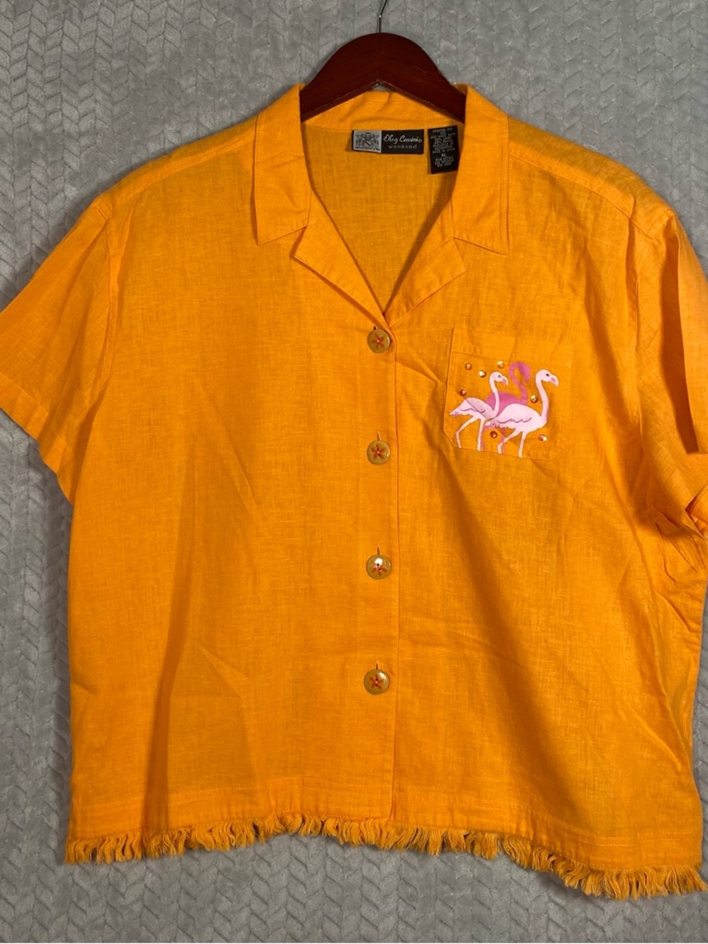 VTG Oleg Cassini Flamingo Embroidered Beaded Fringe Resort Top Orange Size XL - Picture 2 of 10